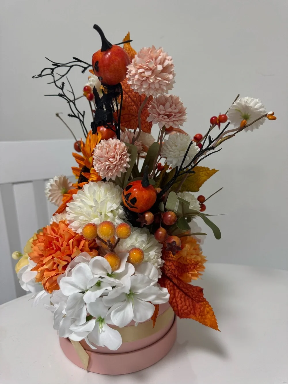 Autumn Pumpkin & Sunflower Arrangement - Orange, White, Cream